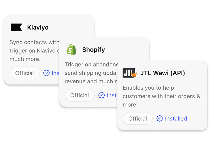 Shopify, JTL, Klaviyo, or BillBee – our CRM automatically gathers all relevant information."